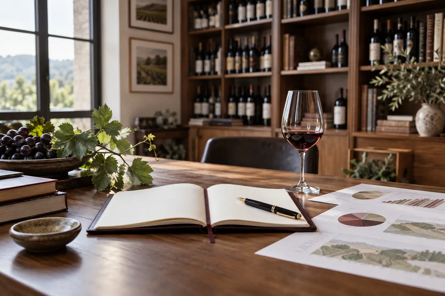 A quiet wine library and writing desk prepared for editorial research