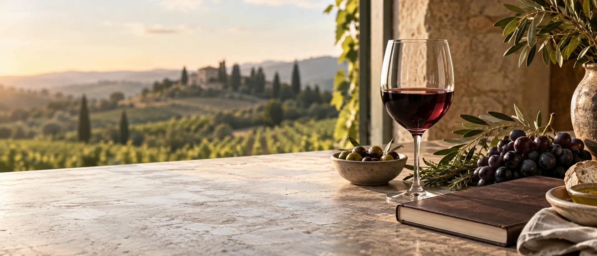A glass of red wine, grapes, and Mediterranean food overlooking a vineyard