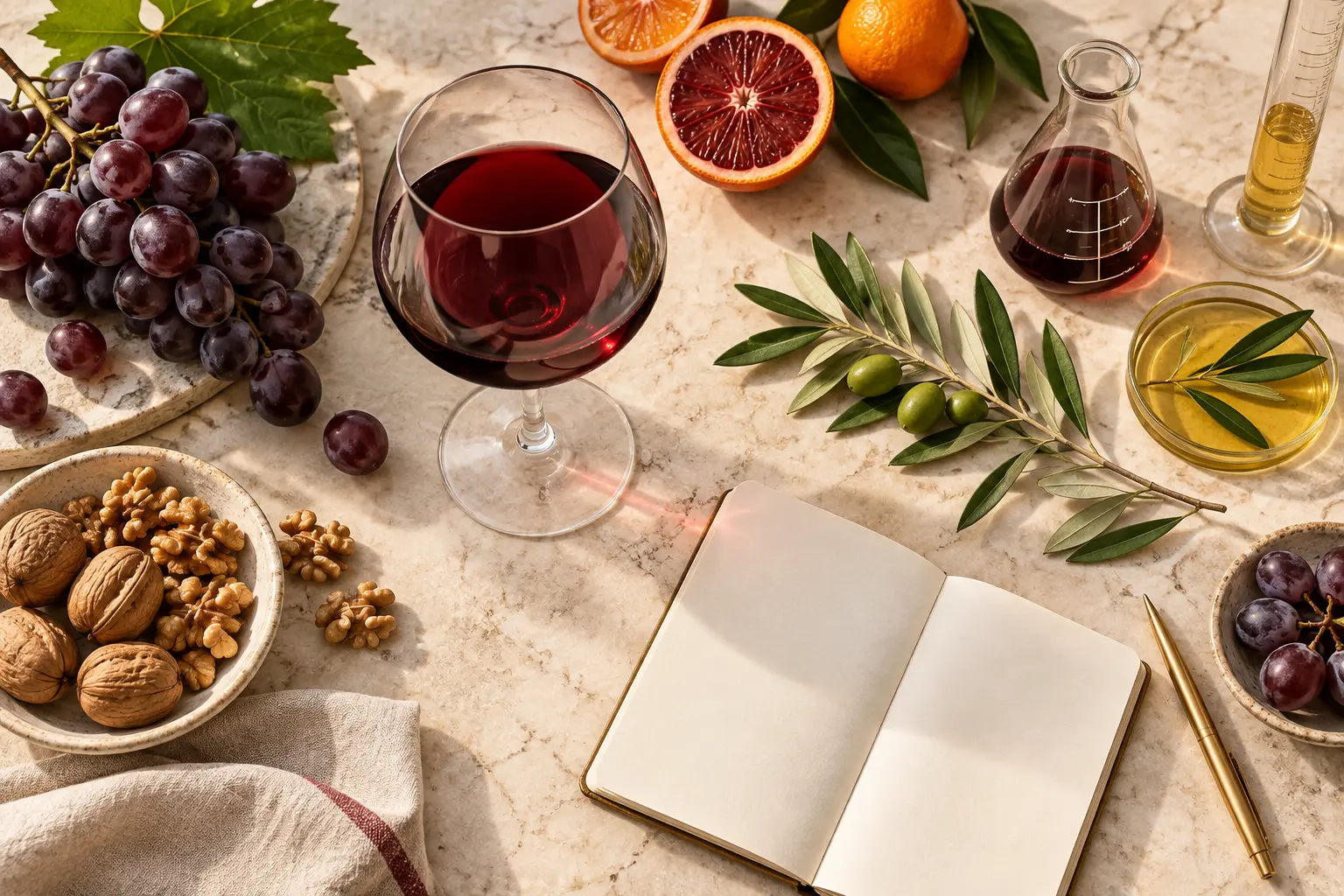 Wine, grapes, citrus, olive oil, and research glassware arranged on a stone table